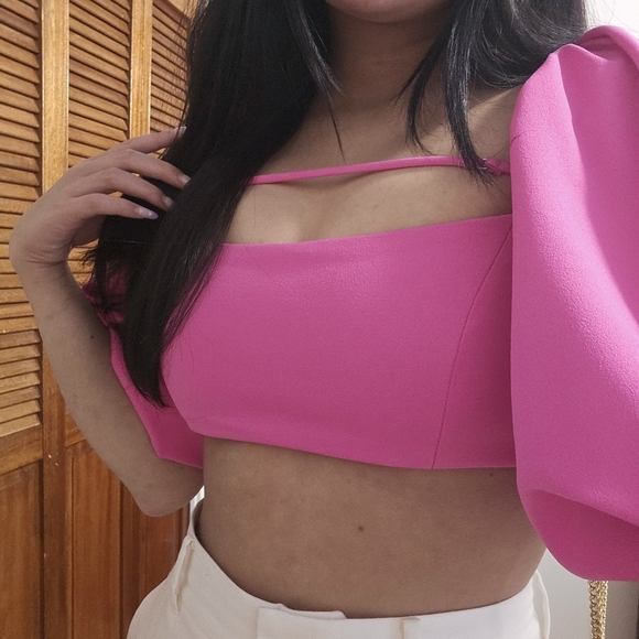 ZARA CROP TOP WITH PUFF DETAIL HOT BRIGHT PINK CERISE FUCHSIA size M - Picture 5 of 6